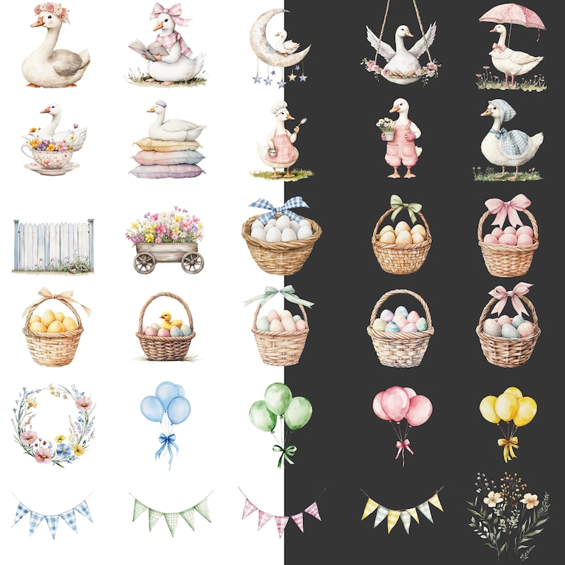 May include: Watercolor illustrations of geese, baskets of eggs, balloons, and floral garlands. The geese are depicted in various poses, some wearing hats and holding objects. Baskets are filled with eggs of different colors. The image has a whimsical, Easter-themed aesthetic.
