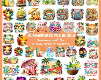 May include: A bundle of 50 PNG images with a summer theme. The images feature beach scenes, sunglasses, tropical fruits, and phrases such as "Beach Vibes" and "Summer Vibes." The images are for commercial use.