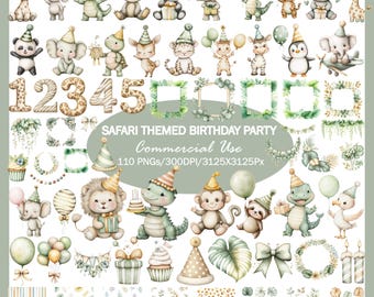 Safari Birthday Clipart Bundle, Jungle Animals PNG, Baby Party Decorations (Digital Download)