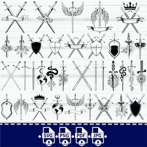 May include: A set of 34 black and white sword SVG cut files. The swords are in various styles, including crossed swords, swords with wings, swords with shields, and swords with flowers. The files are perfect for creating custom designs for t-shirts, mugs, stickers, and more.