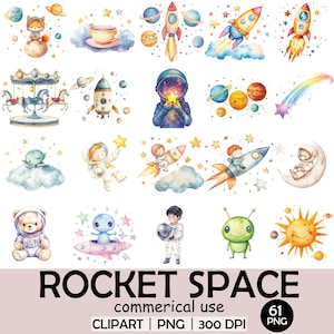 Paquete de imágenes prediseñadas de cohetes espaciales / Lindos astronautas, cohetes, planetas y galaxias / Conjunto PNG de acuarela / Uso comercial