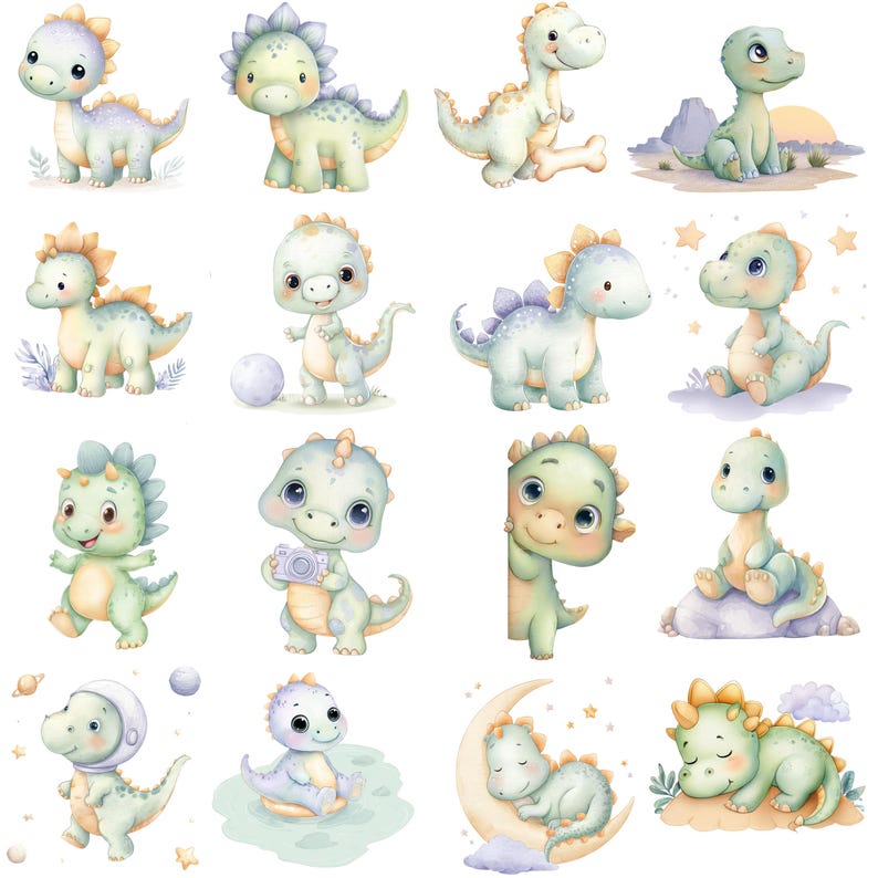 May include: A collection of watercolor illustrations featuring adorable baby dinosaurs in various poses. The dinosaurs are in shades of green, blue, and yellow, with big eyes and friendly expressions. Some are holding objects, and others are interacting with their environment.