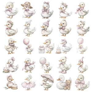 May include: Watercolor illustrations of white ducklings adorned with pink bows, hats, and accessories. Some ducklings hold balloons, gifts, or cakes, while others wear scarves or tutus. The overall theme is whimsical and cute.