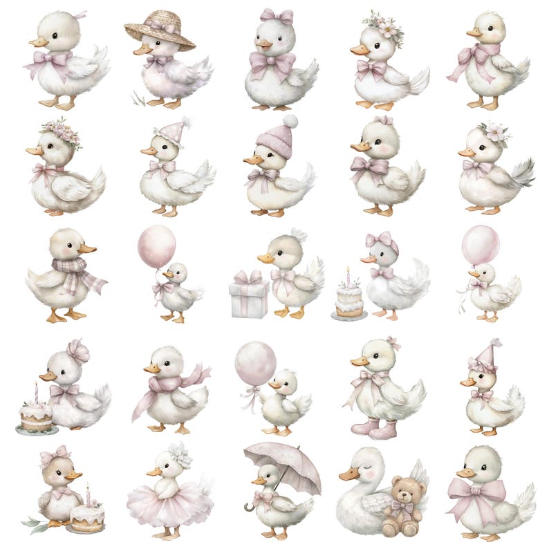 May include: Watercolor illustrations of white ducklings adorned with pink bows, hats, and accessories. Some ducklings hold balloons, gifts, or cakes, while others wear scarves or tutus. The overall theme is whimsical and cute.