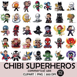 Coleção de Cliparts de Super-heróis Chibi – 172 Ilustrações Fofas de Heróis e Vilões | 3125 × 3125 px, 300 DPI, PNG Transparente | Comercial