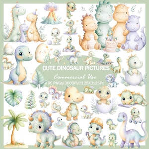 May include: A collection of watercolor illustrations featuring adorable dinosaurs in various poses and settings. The image includes text that reads "Cute Dinosaur Pictures" and "Commercial Use". The dinosaurs are in shades of blue, green, and yellow.