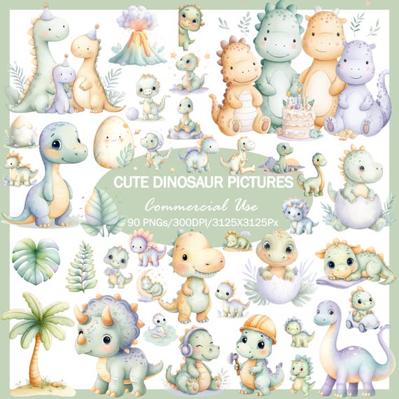 Cute Dinosaur Clipart Bundle, Baby Dinosaur PNG Set, Dinosaur Birthday Clipart, Nursery Dino Illustrations, Commercial Use