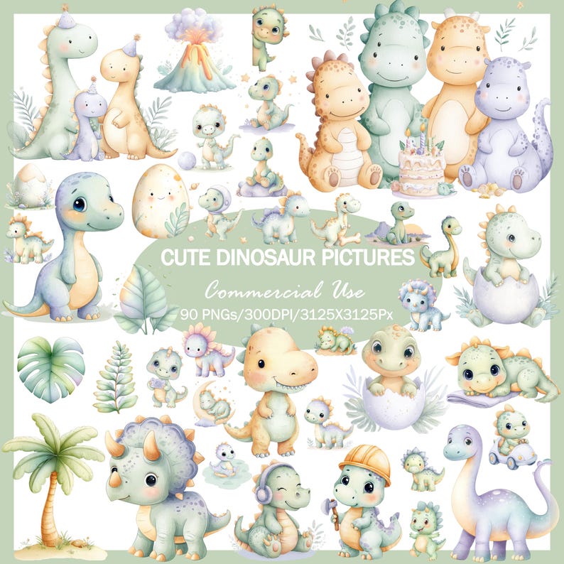 May include: A collection of watercolor illustrations featuring adorable dinosaurs in various poses and settings. The image includes text that reads "Cute Dinosaur Pictures" and "Commercial Use". The dinosaurs are in shades of blue, green, and yellow.