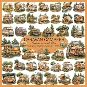 May include: A set of watercolour illustrations featuring vintage camper vans in diverse outdoor settings. The vans are predominantly orange, brown, and green, with awnings and outdoor furniture. The text "CARAVAN CAMPEER" is visible.