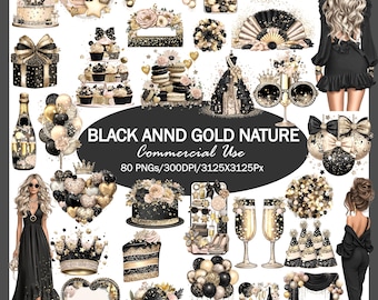 Paquete de imágenes prediseñadas florales en negro y dorado: elegantes gráficos PNG para fiestas (uso comercial)
