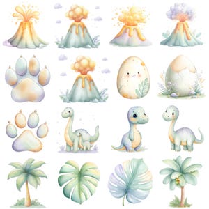 May include: Watercolor illustrations of dinosaurs, volcanoes, dinosaur eggs, paw prints, palm trees, and tropical leaves. The images are in soft pastel colors, creating a whimsical and playful theme.