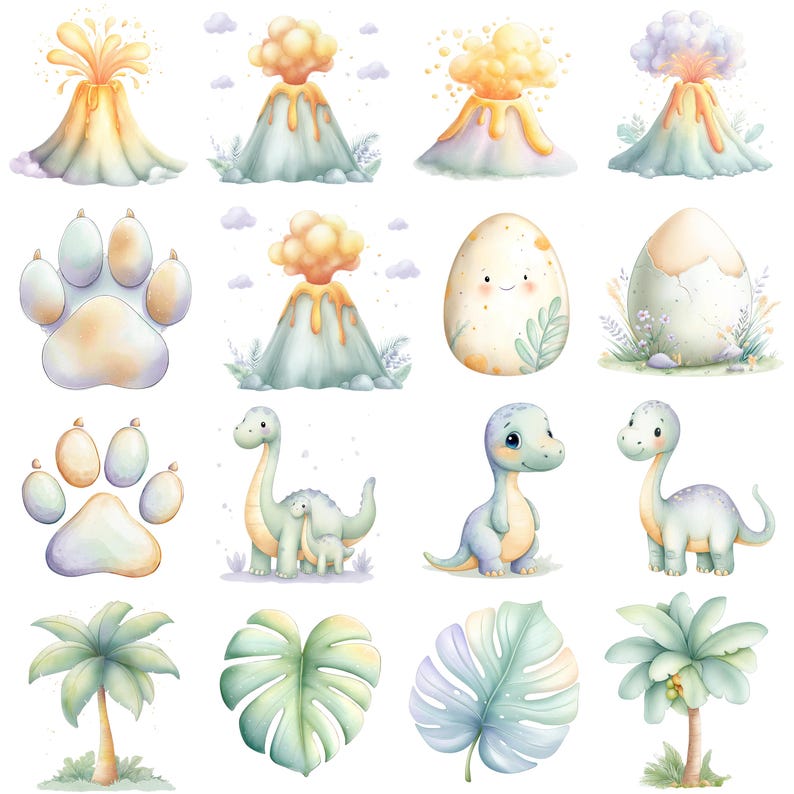 May include: Watercolor illustrations of dinosaurs, volcanoes, dinosaur eggs, paw prints, palm trees, and tropical leaves. The images are in soft pastel colors, creating a whimsical and playful theme.