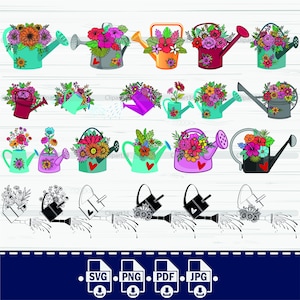 Arrosoir Svg, arrosoir avec fleurs Svg, bouquet de fleurs Svg, Svg de jardinage, arrosoir floral fleurs couper fichier, fichiers pour cricut