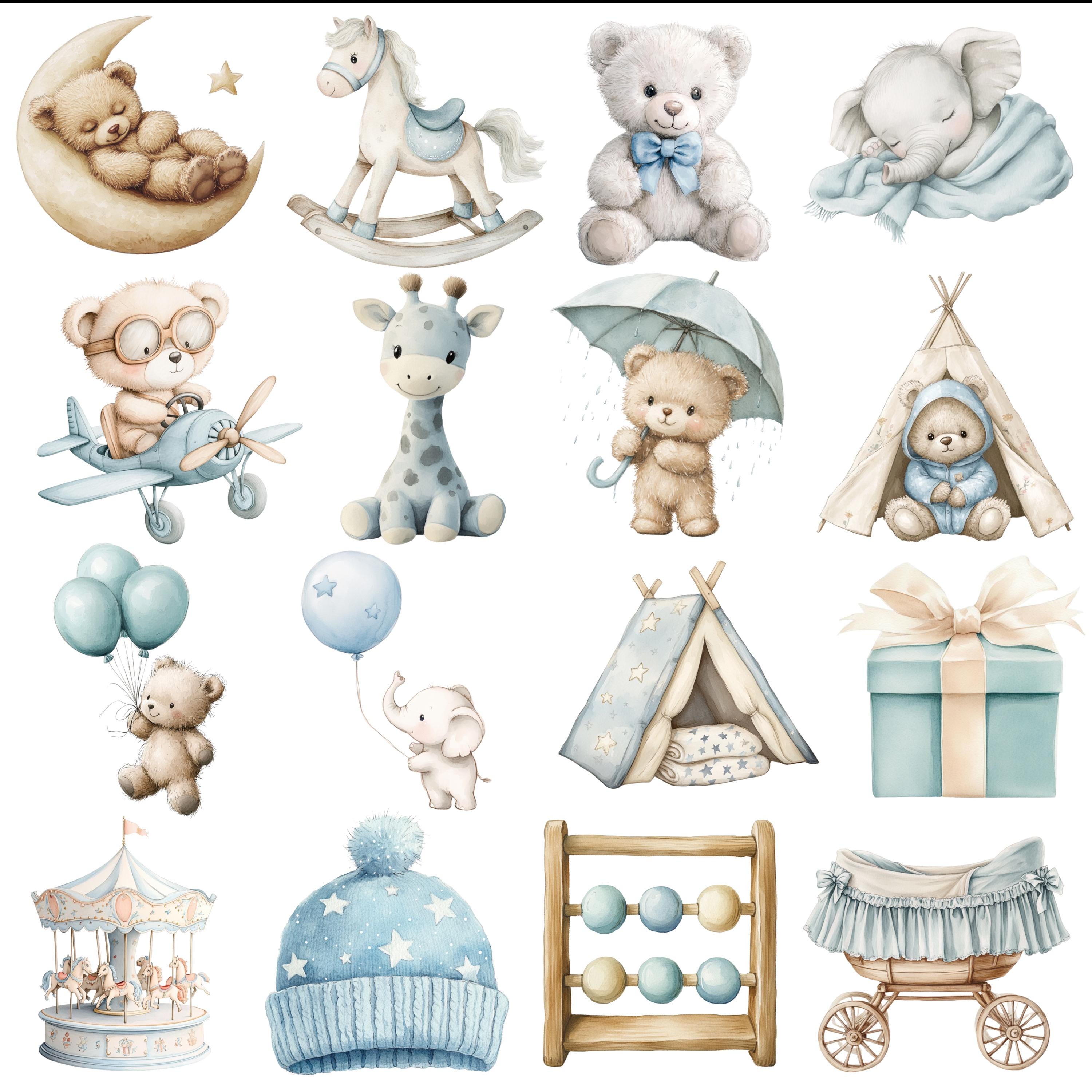 Blue Watercolor Teddy Bear Clipart Set, Baby Boy Nursery (PNG) - Etsy