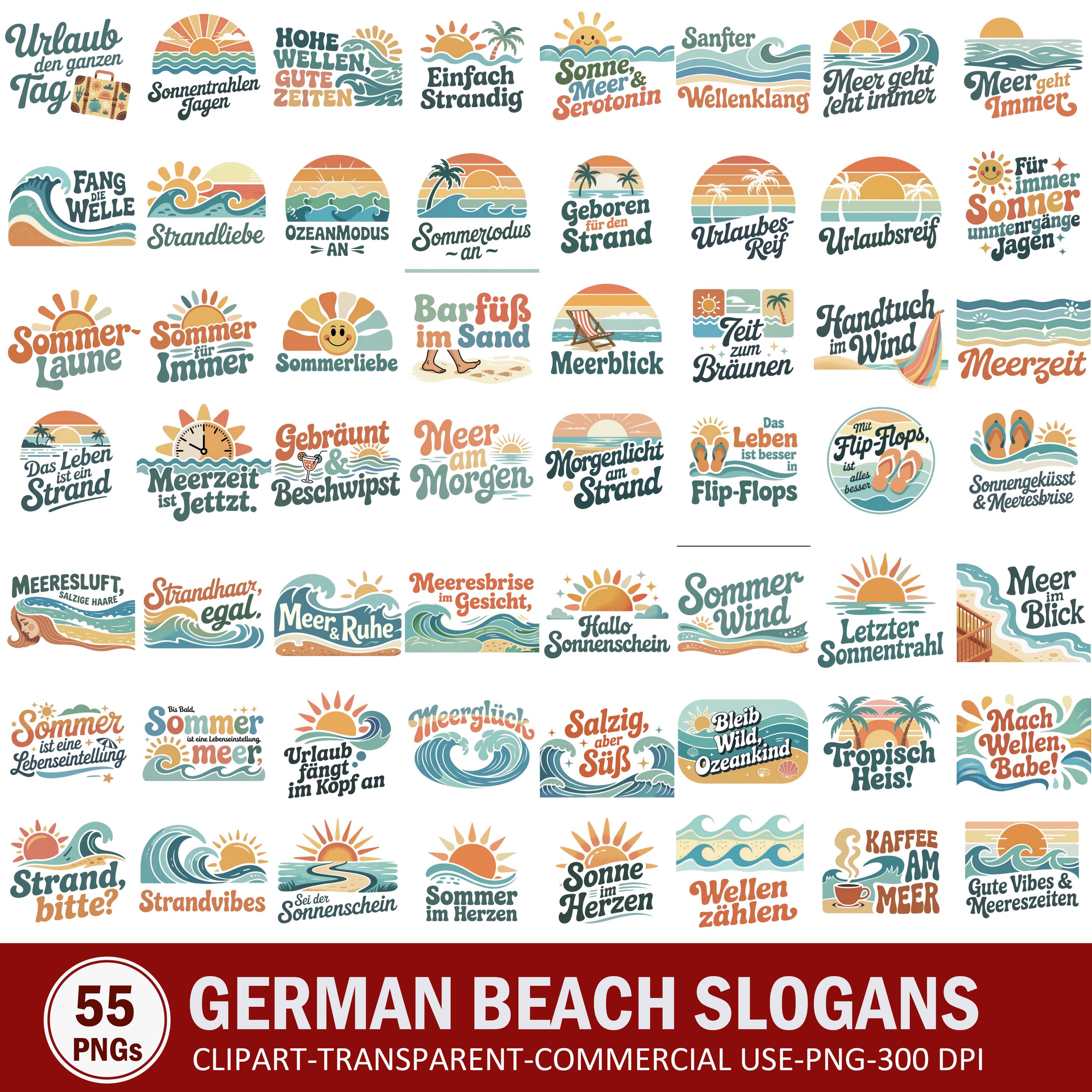 German Beach Slogans Clipart Bundle, Summer Vacation PNG (digital ...