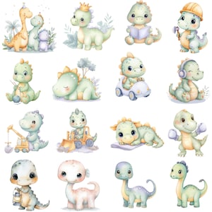 May include: A collection of watercolor illustrations featuring adorable baby dinosaurs in various poses. Some dinosaurs wear crowns, read books, or use construction tools. The color palette includes soft greens, yellows, and blues, creating a whimsical and charming aesthetic.