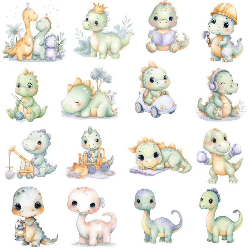 May include: A collection of watercolor illustrations featuring adorable baby dinosaurs in various poses. Some dinosaurs wear crowns, read books, or use construction tools. The color palette includes soft greens, yellows, and blues, creating a whimsical and charming aesthetic.