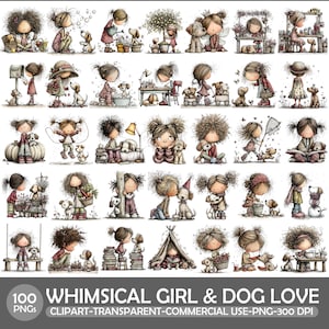 Könnte beinhalten: Eine Sammlung von 100 PNG-Illustrationen von Mädchen und Hunden in skurrilen Szenen. Die Bilder haben einen weichen, aquarellartigen Stil und zeigen Mädchen, die mit Hunden interagieren. Der Text "WHIMSICAL GIRL & DOG LOVE" ist unten abgebildet.
