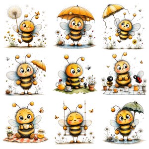 K&ouml;nnte beinhalten: Eine Sammlung von neun Illustrationen, die eine flauschige gelb-schwarz gestreifte Biene bei verschiedenen Aktivit&auml;ten zeigen, darunter das Halten einer Pusteblume, die Nutzung eines Regenschirms, das Sitzen mit einem Marienk&auml;fer und das Schaukeln.
