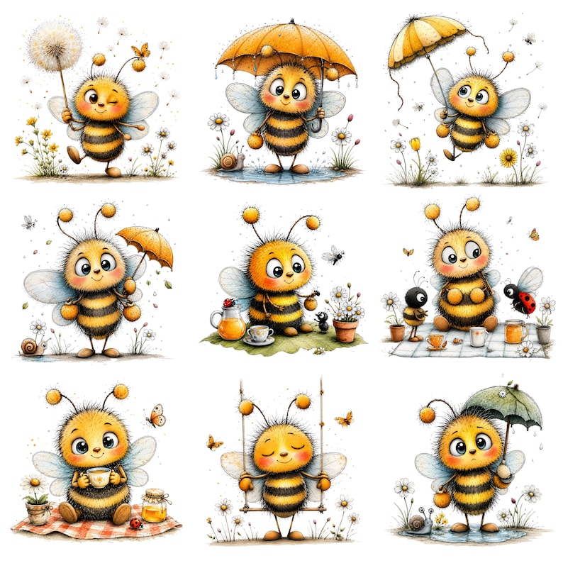 K&ouml;nnte beinhalten: Eine Sammlung von neun Illustrationen, die eine flauschige gelb-schwarz gestreifte Biene bei verschiedenen Aktivit&auml;ten zeigen, darunter das Halten einer Pusteblume, die Nutzung eines Regenschirms, das Sitzen mit einem Marienk&auml;fer und das Schaukeln.