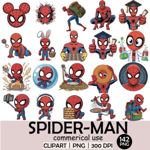 Pacote de Cliparts Fofos do Homem-Aranha | 142 Arquivos PNG | Ilustrações Chibi de Super-heróis | Fundo Transparente | 300 DPI | Download Instantâneo