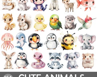 Süße Tiere Aquarell Clipart Bundle | Baby Tier PNG Set | 164 süße Tierillustrationen | Kinderzimmer Dekor Clipart | Transparentes PNG