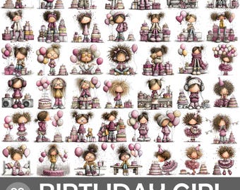 Birthday Girl Clipart Bundle, Pink Party PNG Graphics (Commercial Use)