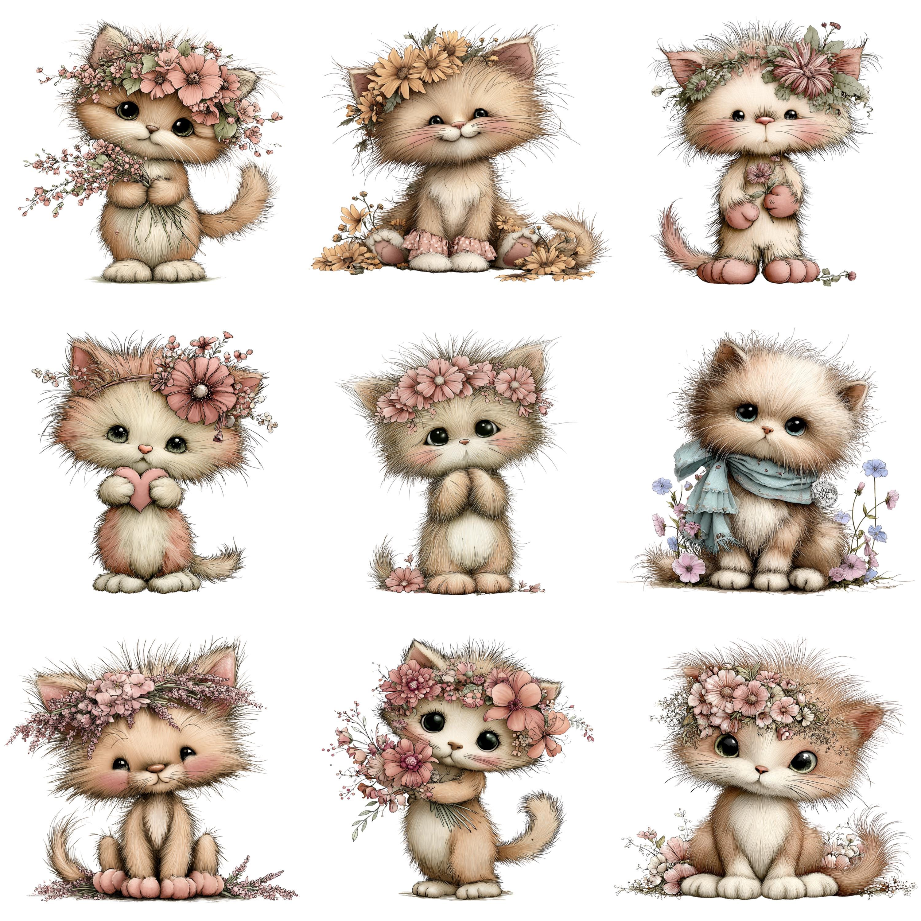 Floral Cat Watercolor Clipart Bundle, Spring Kitten PNG (commercial Use ...