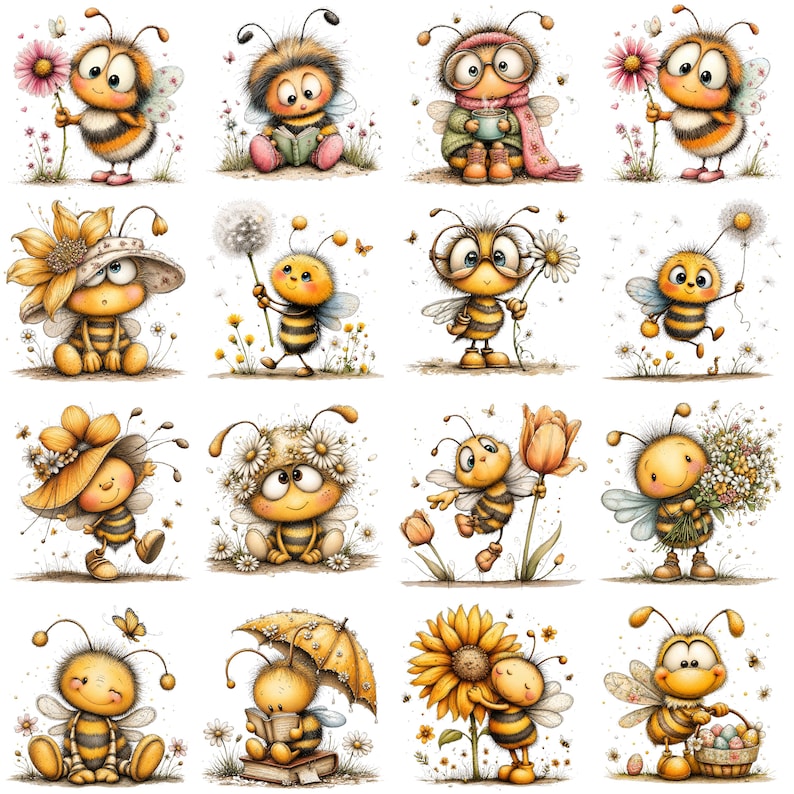 K&ouml;nnte beinhalten: Eine Sammlung von sechzehn Illustrationen mit Cartoon-Bienen bei verschiedenen Aktivit&auml;ten, darunter das Halten von Blumen, das Lesen von B&uuml;chern, das Tragen von H&uuml;ten und das Tragen von K&ouml;rben, alles in einem weichen Aquarellstil mit gelben und schwarzen T&ouml;nen.
