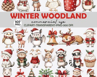Winter Woodland Animals Clipart: Christmas PNG Graphics (Digital Download)