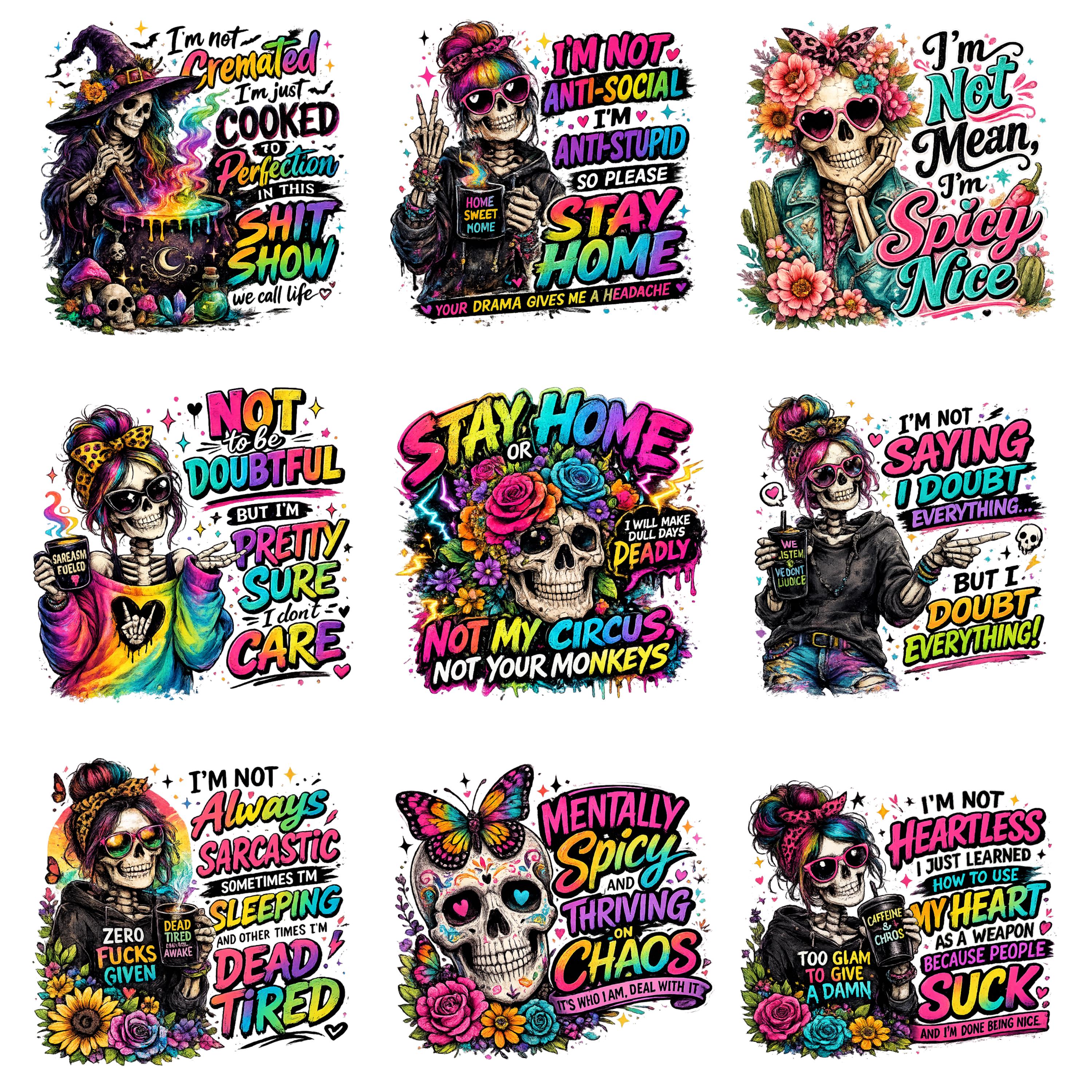 Funny Antisocial Skull PNG Bundle, Sarcastic Skeleton Quotes Clipart ...
