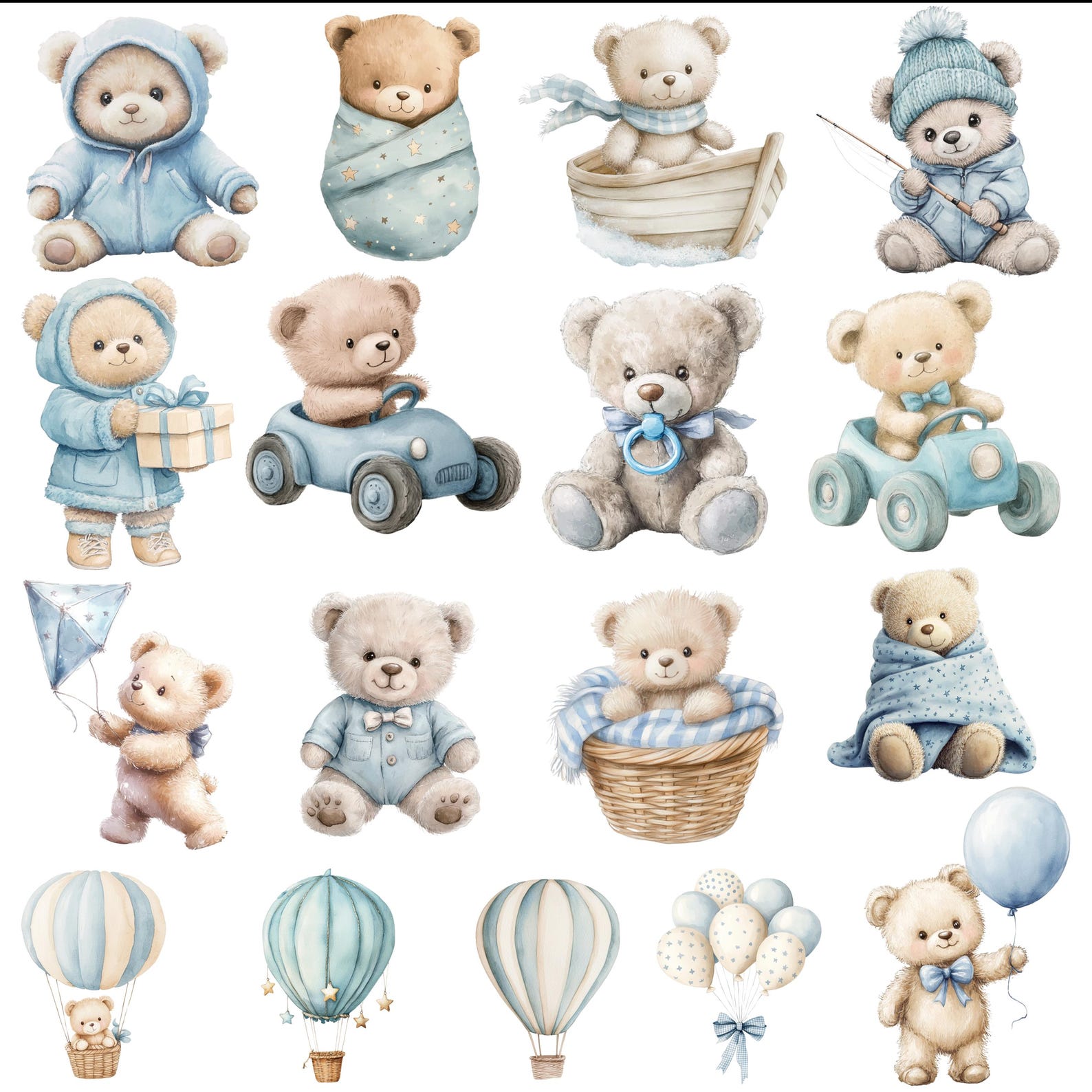Blue Watercolor Teddy Bear Clipart Set, Baby Boy Nursery (PNG) - Etsy