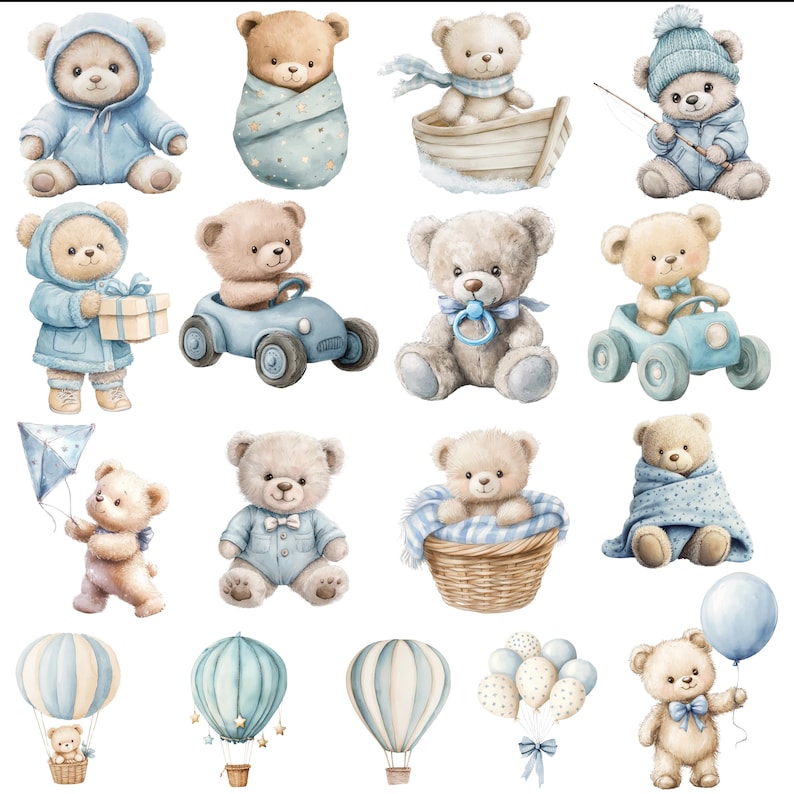 Blue Watercolor Teddy Bear Clipart Set, Baby Boy Nursery (PNG) - Etsy