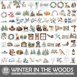 May include: A set of 89 watercolour clip art images with a winter theme. The illustrations feature animals like foxes, bears, and deer, alongside winter elements such as pine trees, wreaths, and snow-covered cabins. The text "WINTER IN THE WOODS" is displayed.
