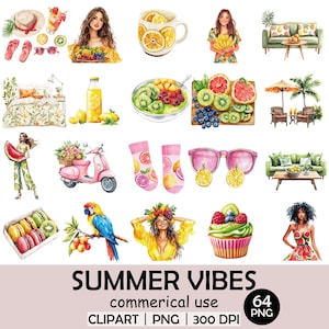 Tutti Frutti Summer Clipart | 64 Watercolor Fruit PNGs | Tropical Girls, Citrus, Picnic & Food Elements | Commercial Use
