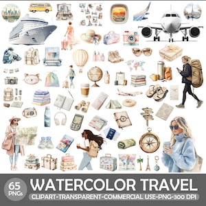 Puede incluir: Conjunto de imágenes prediseñadas de acuarela con temática de viajes que presenta un crucero, un avión, equipaje, pasaporte, cámara y otros elementos esenciales de viaje. Incluye un globo terráqueo, una brújula y la Torre Eiffel. El texto en la parte inferior dice "WATERCOLOR TRAVEL".