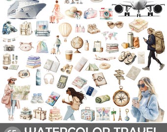 Paquete de imágenes prediseñadas de viajes en acuarela, ilustraciones de vacaciones (PNG, 300 DPI)