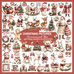May include: A collection of Christmas-themed illustrations featuring Santa Claus, reindeer, snowmen, teddy bears, puppies, kittens, gingerbread men, Christmas trees, gifts, and holiday decor, with the text CHRISTMAS PICTURES Commercial Use.