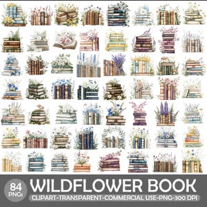 May include: A set of 84 watercolour illustrations depicting books decorated with wildflowers. The books are in various colours and sizes, with floral arrangements in blue, pink, purple, and yellow. The text "WILDFLOWER BOOK" is at the bottom.