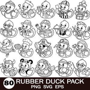 May include: A collection of 80 black and white line art illustrations of rubber ducks dressed in various professional and character costumes, including a pirate, ballerina, chef, and athlete, with the text 80 RUBBER DUCK PACK PNG SVG EPS.