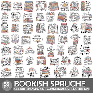 Puede incluir: Una colección de 55 imágenes PNG con varias citas y frases sobre libros en alemán. Las imágenes muestran pilas de libros, tazas de café y elementos decorativos, todo en un estilo de dibujos animados colorido. El texto incluye frases como "Amor por los libros" y "Leer es mi terapia."