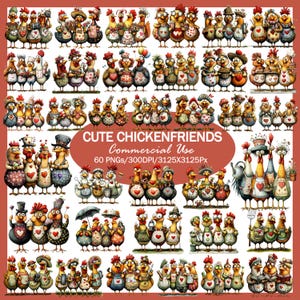 May include: A set of watercolour illustrations of anthropomorphic chickens in diverse poses and attire. The chickens are shown with heart-shaped aprons, hats, and accessories. Text reads "CUTE CHICKENFRIENDS Commercial Use".