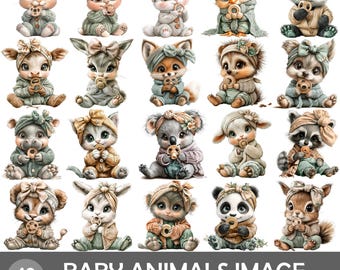 Bundle de cliparts bébés animaux pastel, PNG pour chambre d'enfant des bois (usage commercial)
