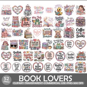 Pode incluir: Uma coleção de 52 imagens PNG com tema de livros, apresentando vários designs com texto como "Bookish Girl", "Reading is my Therapy" e "Book Lovers". As imagens são coloridas e incluem ilustrações de livros, xícaras de café e personagens fofos.