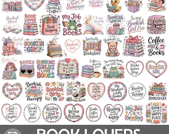 Buchliebhaber Clipart-Bundle, süße Lesezitate und literarische Illustrationen, gemütlicher Reader PNG-Set, Bücherwurm Grafiken, transparenter Hintergrund,
