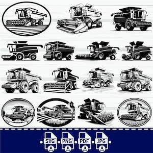 May include: A set of ten black and white vector illustrations of combine harvesters. The harvesters are shown in various poses, including driving, harvesting, and standing still. The illustrations are perfect for use in agricultural designs, logos, and other projects.
