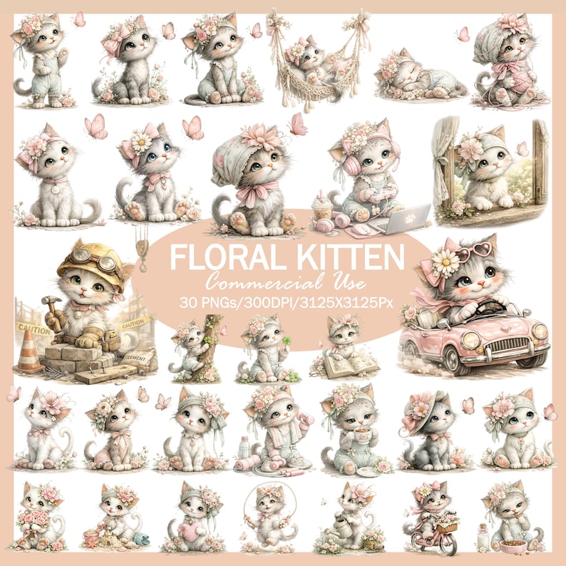 Floral Kitten Clipart, Watercolor Baby Cat PNG Set, Kawaii Nursery ...