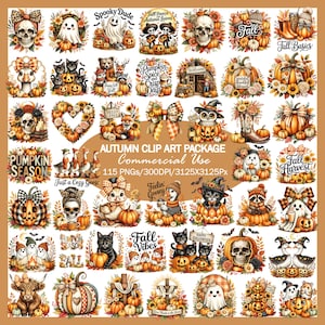 May include: A digital collection of autumn-themed clip art featuring skulls, ghosts, pumpkins, cats, geese, and owls decorated with fall foliage, plaid bows, and seasonal text like Pumpkin Season, Fall Vibes, and Spooky Dude on a white background.