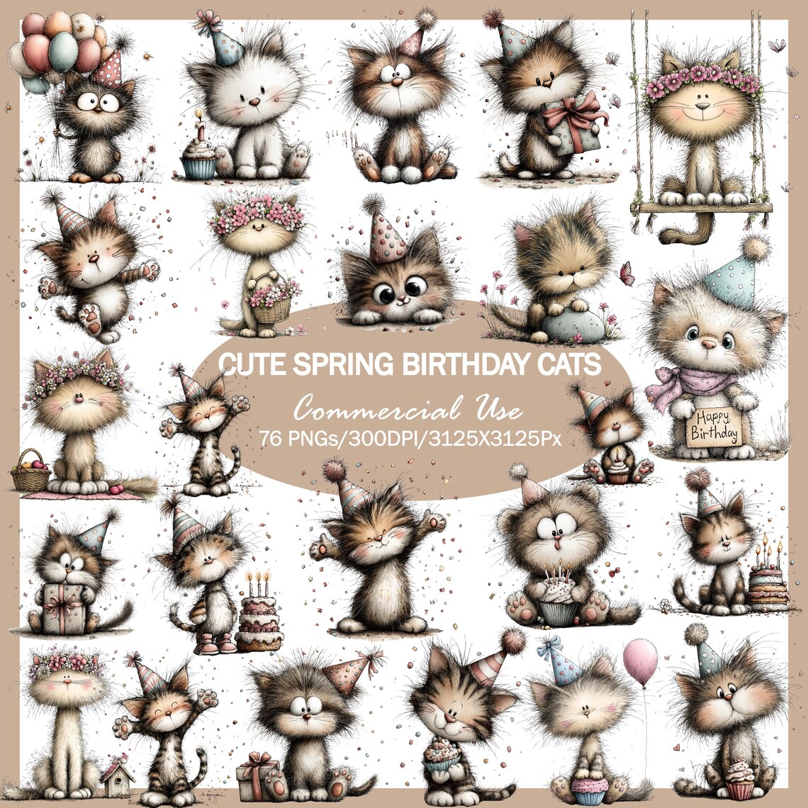 Birthday Cats Watercolor Clipart Bundle, Spring Kittens PNG (commercial ...