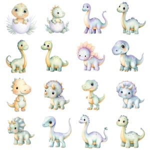 May include: Watercolor illustrations of various baby dinosaurs in pastel colors. The collection includes dinosaurs hatching from eggs, standing, and smiling. The dinosaurs are in shades of green, blue, yellow, and pink.